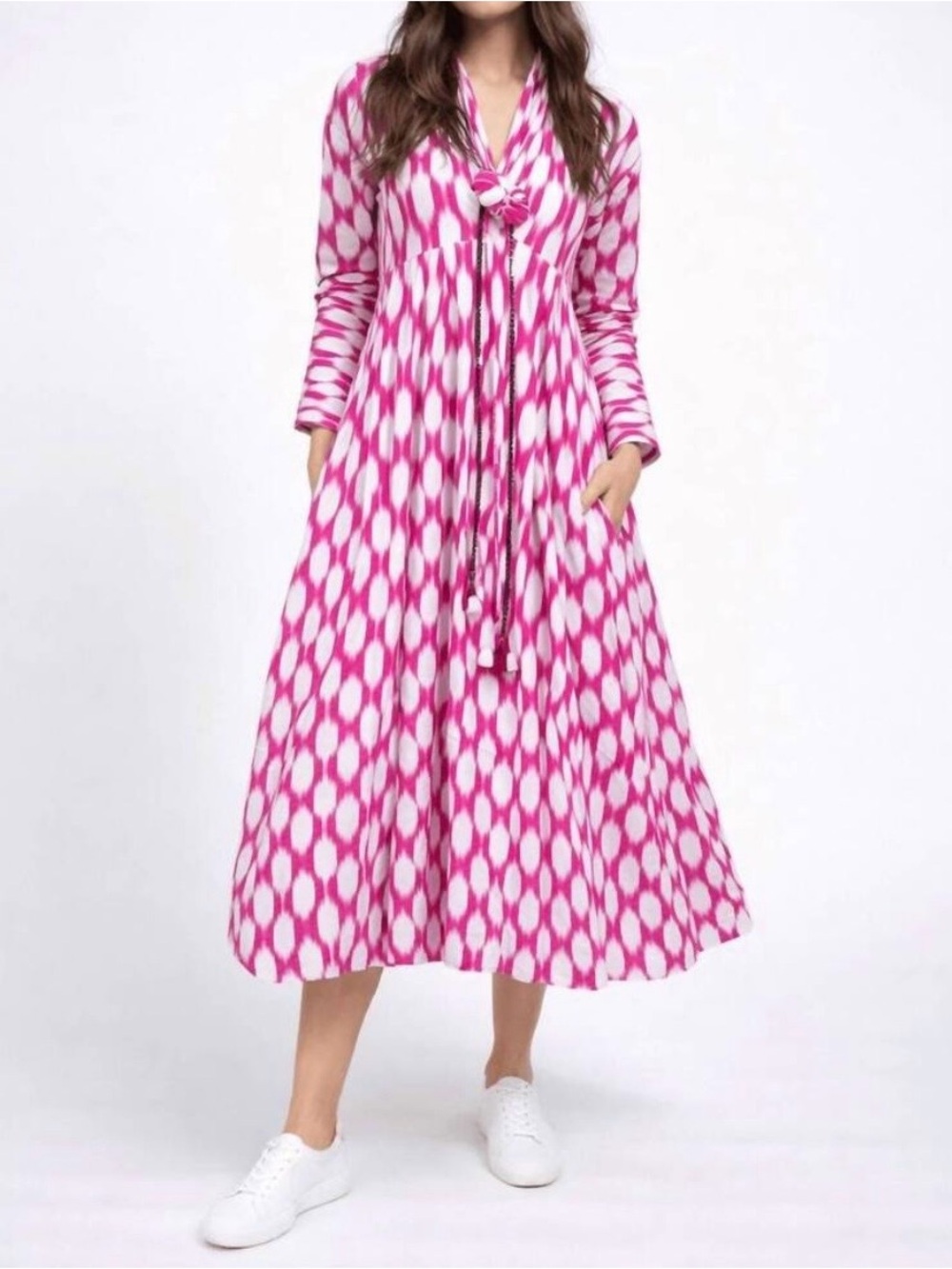 Pink Patterned Long-Sleeve Tie-Front Midi Dress with Pockets